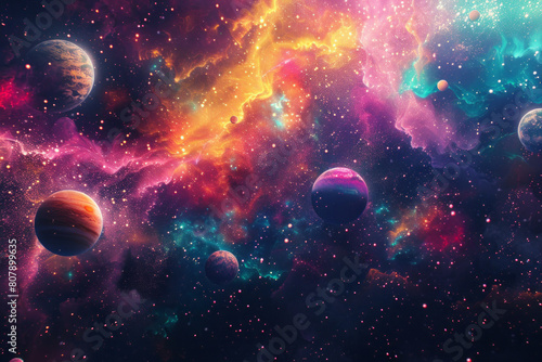 Stunning cosmic landscape with vibrant planets and stars