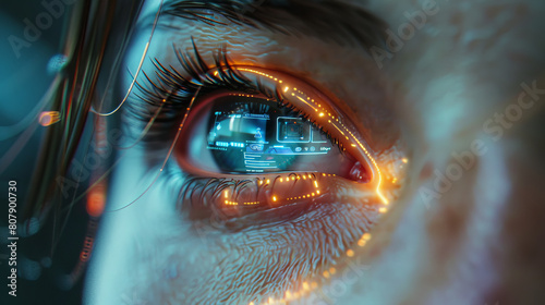 Female eye with HUD hologram displays on advanced contact lens