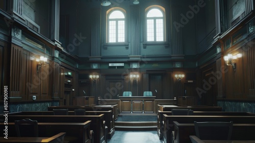 An empty courtroom with a judge's bench and jury box.