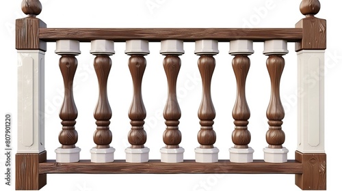 A wooden fence, palisade, stockade or balustrade with pickets. Banister or fencing sections with paling. Balusters along a garden border in realistic 3D modern form.