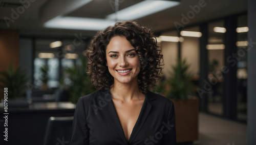 Bella donna con capelli ricci sorride in un moderno ufficio con abito elegante