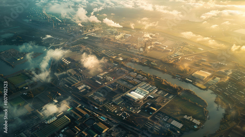 a sprawling industrial park, with factories and warehouses nestled among green spaces and waterways, illustrating the integration of industry with the surrounding environment.