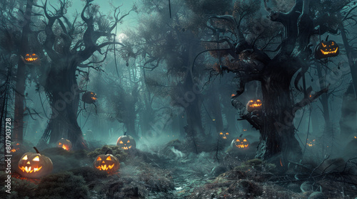a sinister glade hidden within a haunted forest, where malevolent pumpkins with twisted smiles cast an eerie glow upon the barren landscape, creating an unsettling ambiance of fear and uncertainty.