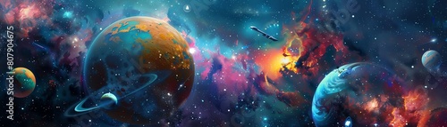 Incorporate planets, stars, and spacecraft in a cosmic dance using vibrant colors, blending watercolor textures with digital effects for a dynamic space exploration scene