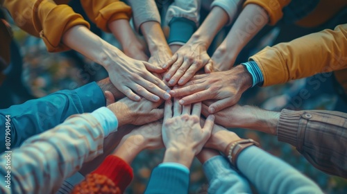 Teamwork and collaboration A new generation of business people gather together Holding hands in close-up top view It is a symbol of unity and harmony in the pursuit of a shared goal.