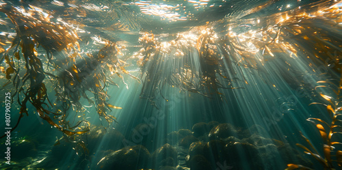 Underwater in a lake, long brown and green algae leaves dancing in the water. Sunlight penetrates downwards and refracts the light on the surface. Generative AI.