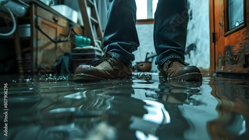 Cleaning up water damage in flooded basement from snowmelt or pipe burst. Concept Water Damage Restoration, Basement Cleanup, Snowmelt Flooding, Pipe Burst Cleanup, Home Restoration