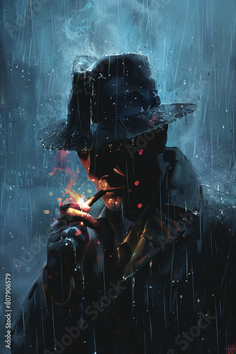 Mysterious detective in raincoat and hat lights cigar in light rain