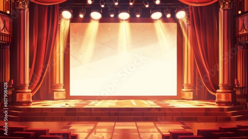 Theater stage, cinema, theatre scene with a blank screen, red curtains, roman columns, and spotlights. Cartoon modern illustration showing a blank screen and light illumination.