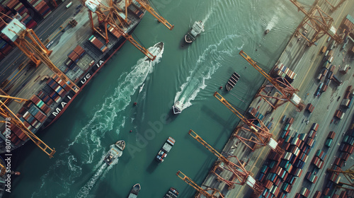 Generate a bird's-eye view of a busy port facility, with cargo ships being loaded and unloaded by cranes, and containers stacked neatly along the waterfront, illustrating global trade 