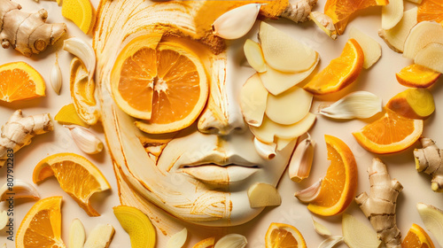 conceptual photo of a skin outline decorated with slices of turmeric, ginger, and garlic, representing the anti-inflammatory and antioxidant benefits of these spices for skin health.