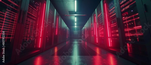 Image of a modern data center with multiple rows of operational server racks. Modern supercomputer clean room for high-tech databases.