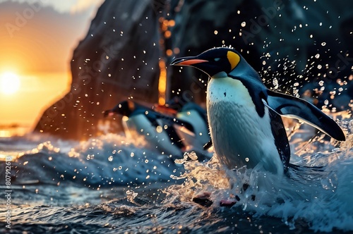 AI generated illustration of a penguin running in water