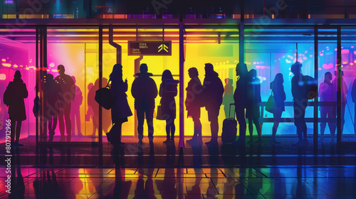 a depiction of commuters of different cultures and backgrounds gathered at a bus stop, their silhouettes standing out against the vibrant lights of the city, representing the diversity 
