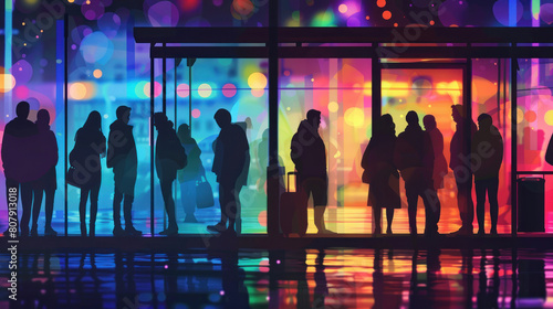 a depiction of commuters of different cultures and backgrounds gathered at a bus stop, their silhouettes standing out against the vibrant lights of the city, representing the diversity