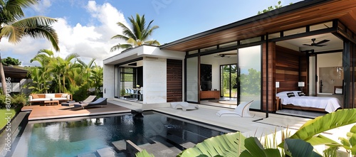 panoramic view of modern and minimalist one-story villa with an outdoor pool on the tropical island