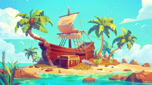 Cartoon cartoon illustration of a pirate ship a docked on an island with treasure. A chest of gold and shovel under intertwined lianas, a filibuster loot on a sea beach with palm trees. Scene from an