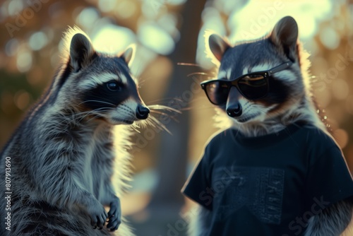 a side view of a raccoon in a black t-shirt and sunglasses