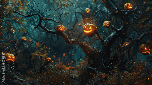 a haunting depiction of an eerie glade nestled within a sinister forest, where malevolent pumpkins with glowing eyes leer from atop lifeless branches, infusing the scene