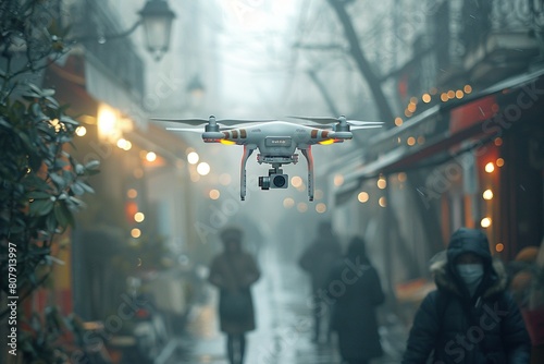 Flaying drone on the street