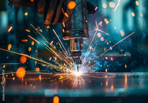 A closeup of an industrial welding in progress, with sparks flying and the focus on the hand holding a shield