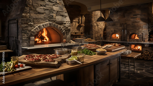 A rustic Italian pizzeria with a stone oven, where a family gathers to enjoy hand-tossed pizzas topped with fresh mozzarella and basil, in a warm, inviting atmosphere.