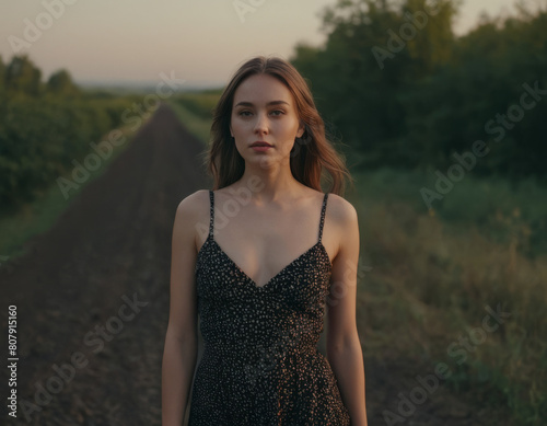 Ritratto in controluce di una donna con sguardo contemplativo e lineamenti delicati. 