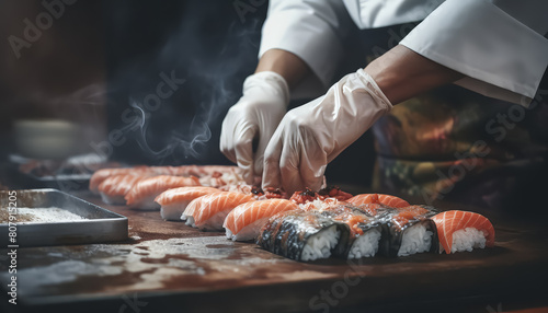 A chef is preparing sushi rolls on a black plate