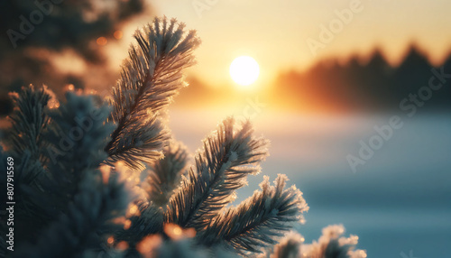 Frost on pine needles against a soft-focus background bathed in the warm glow of a setting sun