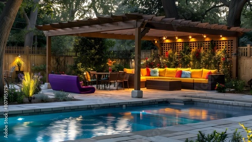 Outdoor furniture by pool under pergola in backyard living area. Concept Backyard Design, Outdoor Living Space, Poolside Pergola, Outdoor Furniture, Relaxing Al Fresco Area