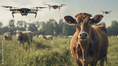 Generate a scene of agricultural drones surveying a livestock pasture, using thermal imaging cameras to monitor animal health and behavior patterns, illustrating the application of drone technology 
