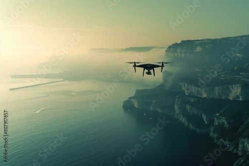 A MALE drone monitoring a coastline, its radar scanning the horizon for approaching vessels