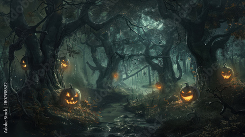 a spine-chilling depiction of an eerie glade nestled within a haunted forest, where sinister pumpkins with twisted grins illuminate the darkness, their eerie glow revealing the malevolent energy 