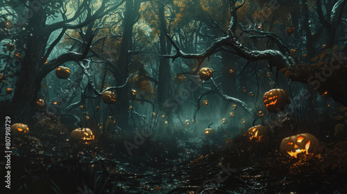 a spine-chilling depiction of an eerie glade nestled within a haunted forest, where sinister pumpkins with twisted grins illuminate the darkness, their eerie glow revealing the malevolent energy 