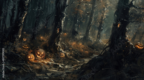 a spine-chilling depiction of an eerie glade nestled within a haunted forest, where sinister pumpkins with twisted grins illuminate the darkness, their eerie glow revealing the malevolent energy.