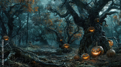  a clearing in a haunted forest, where sinister pumpkins with malevolent grins cast eerie light on the twisted branches of dead trees, evoking a sense of foreboding and supernatural presence.