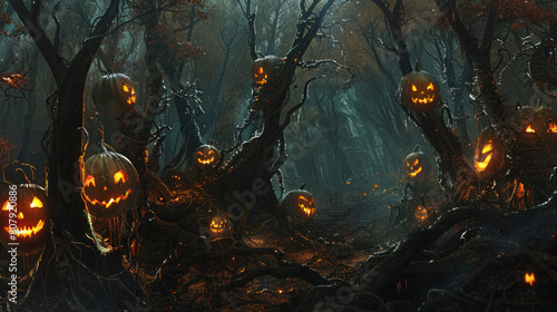 a clearing in a haunted forest, where sinister pumpkins with malevolent grins cast eerie light on the twisted branches of dead trees, evoking a sense of foreboding and supernatural presence.