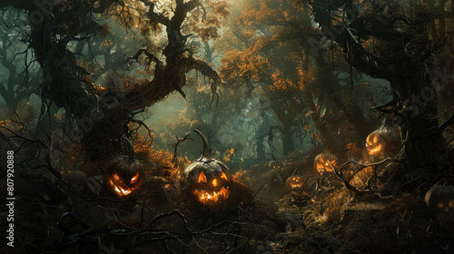 a clearing in a haunted forest, where sinister pumpkins with malevolent grins cast eerie light on the twisted branches of dead trees, evoking a sense of foreboding and supernatural presence.