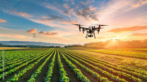 an image of high-tech agricultural drones buzzing over vast fields, equipped with advanced sensors and cameras to monitor crop health and detect areas needing attention, showcasing the innovative 