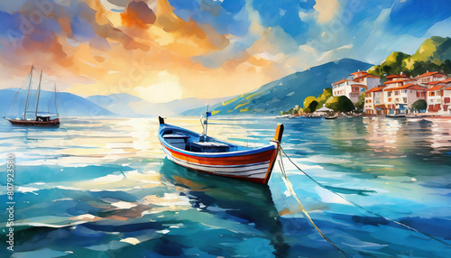 fantasy illustration of wooden fishing boat on the shore with sunset, reflection, buildings and flying seagulls 