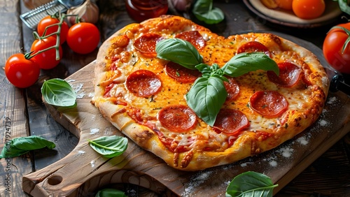 Heartshaped pepperoni pizza on wooden board with basil and tomatoes. Concept Food Photography, Heart-shaped Pizza, Pizza Presentation, Fresh Ingredients, Italian Cuisine