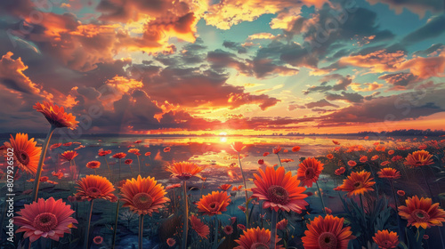 A captivating view of a sunset over a field of gerbera daisies, their cheerful blooms reflecting the warm hues of the evening sky.