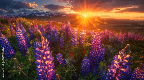 A captivating view of a sunset over a field of lupine flowers, their tall spikes adorned with clusters of vibrant blooms.