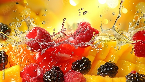 Refreshing Fruit Splash Banner with Water Droplets: Isolated Food Wallpaper Background. Concept Food Photography, Fruit Splash, Refreshing Wallpaper, Water Droplets, Isolated Background