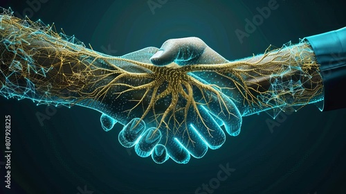 Handshake with interconnected roots forming a network, Symbolizing the interconnectedness of all living things and the environment
