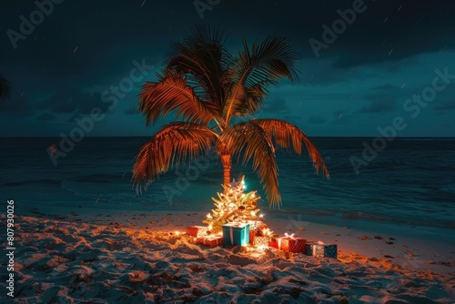 Palm tree in Christmas decoration with presents on exotic beach at night