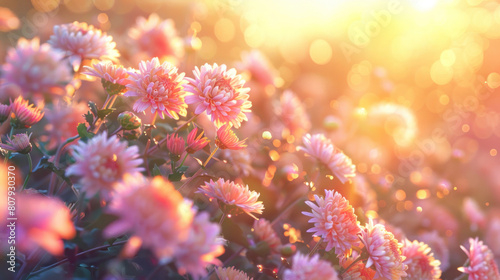 A picturesque tableau of a sunset over a field of chrysanthemums, their colorful blooms glowing in the warm, golden light of evening.