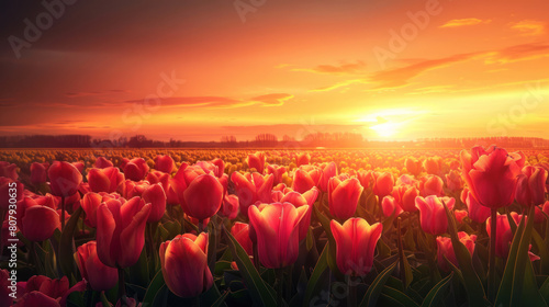 A stunning sunset casting a warm, golden glow over a field of vibrant tulips, creating a scene of breathtaking beauty.