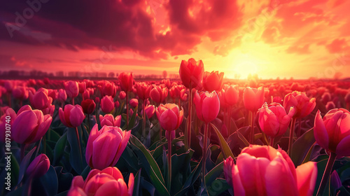 A stunning sunset casting a warm, golden glow over a field of vibrant tulips, creating a scene of breathtaking beauty.