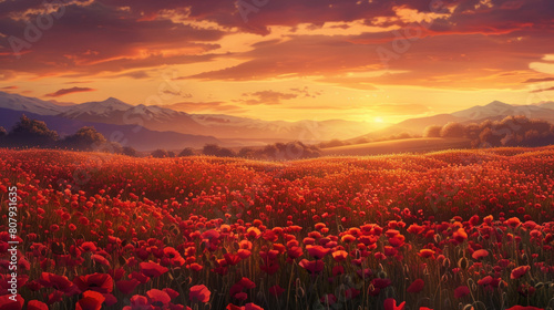 An idyllic scene of a sunset over a field of poppies, their vibrant red petals glowing in the fading light of day.